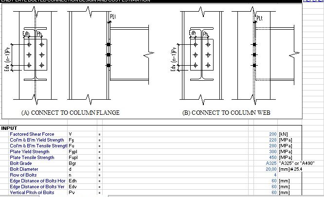 End Plate Bolted Connection Design and Cost Estimation Spreadsheet