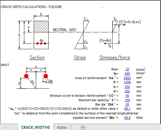 Crack Width Calculations Spreadsheet