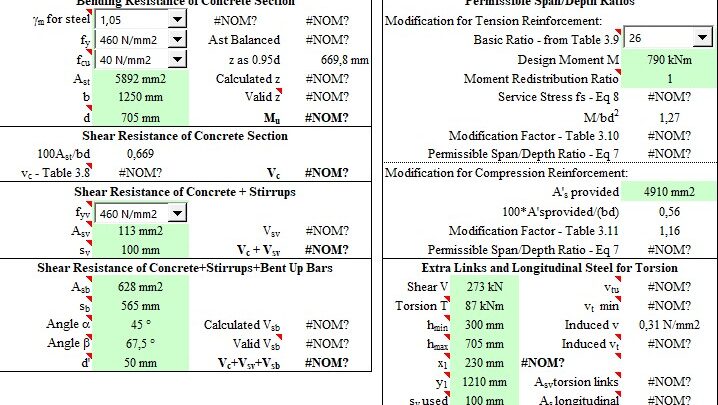 RC Beam Design and Calculation to BS8110 Spreadsheet