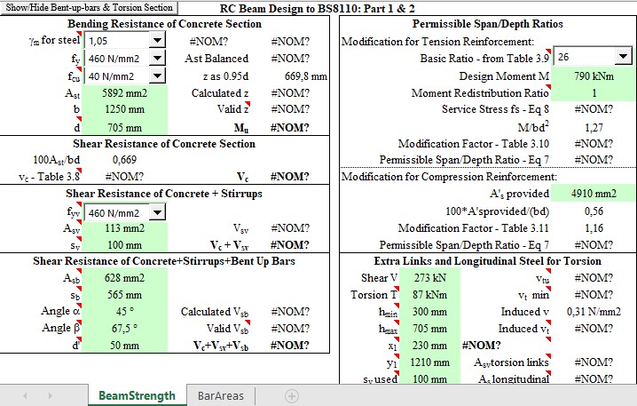 RC Beam Design and Calculation to BS8110 Spreadsheet