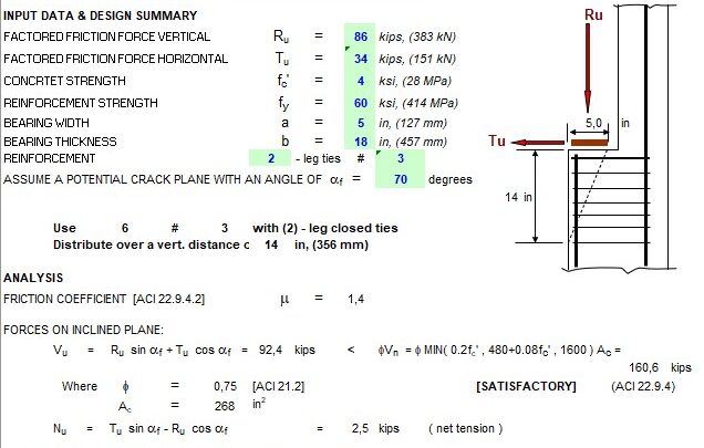 Shear Friction Reinforcing Design Based on ACI 318-14 Spreadsheet