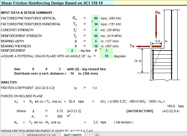 Shear Friction Reinforcing Design Based on ACI 318-14 Spreadsheet