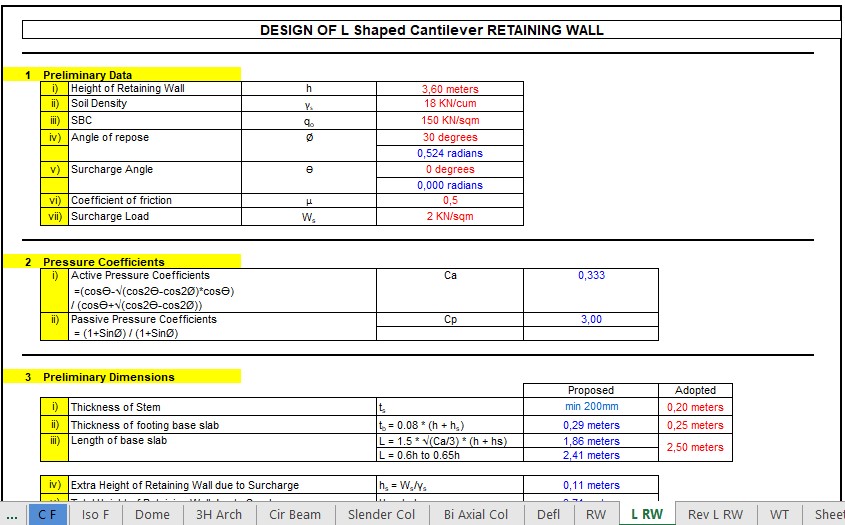 Design Of L Shaped Cantiliver Retaining Wall Spreadsheet