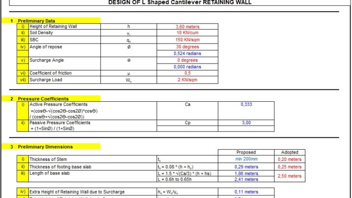 Design Of L Shaped Cantiliver Retaining Wall Spreadsheet