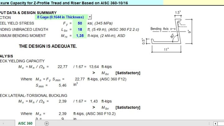 Flexure Capacity for Z-Profile Tread and Riser Based on AISC Spreadsheet