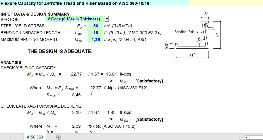 Flexure Capacity for Z-Profile Tread and Riser Based on AISC Spreadsheet