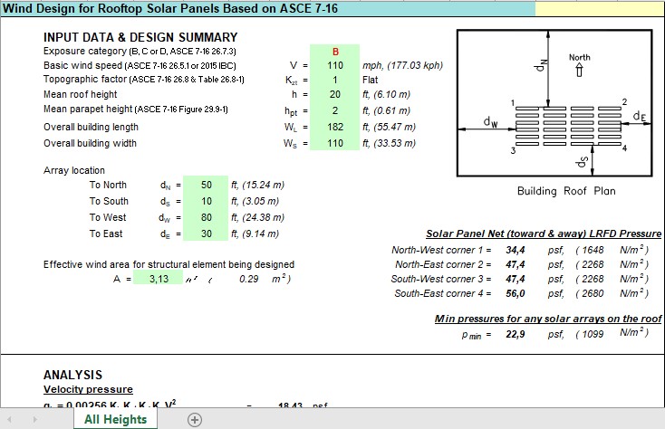 Wind Design For Rooftop Solar Panels Based on ASCE 7-16 Spreadsheet