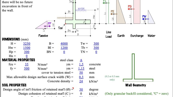 Retaining Wall Design to BS 8110 Spreadsheet