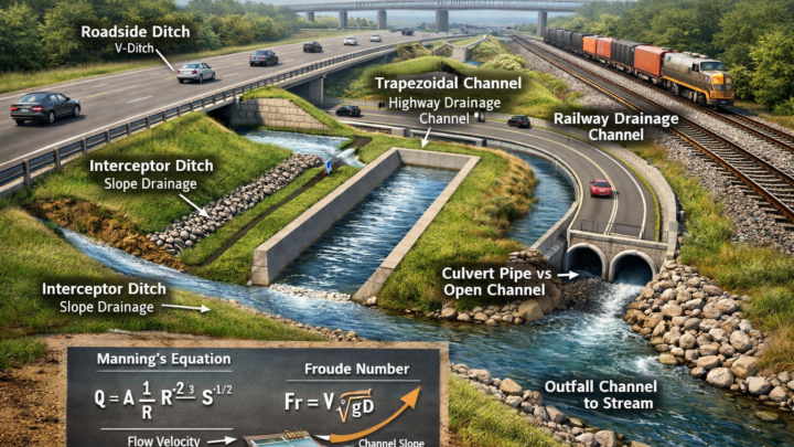 Road, Highway & Railway Drainage Design Guide: Open Channels (Types, Slopes, Dimensions, and Key Formulas)